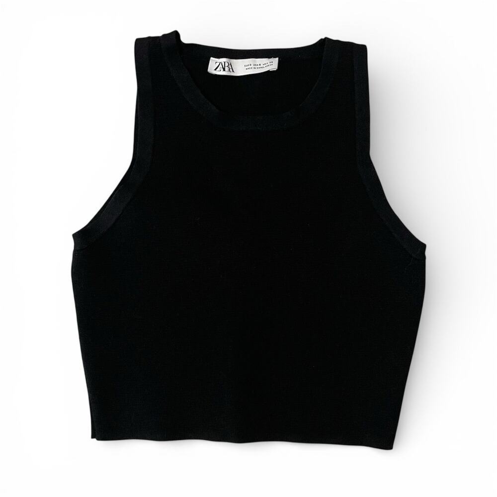 Zara Tank Top Women Small Sweater Black Cropped Ribbed Preppy Y2K